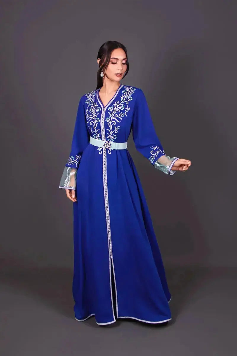 Royal blue Ceylan Moroccan kaftan embroidered in silver