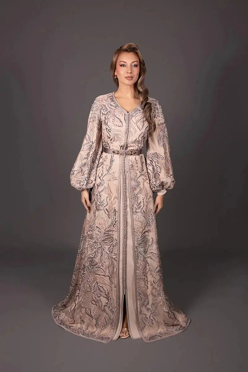 Luxury lace kaftan with puff sleeves for a grand wedding, delivery