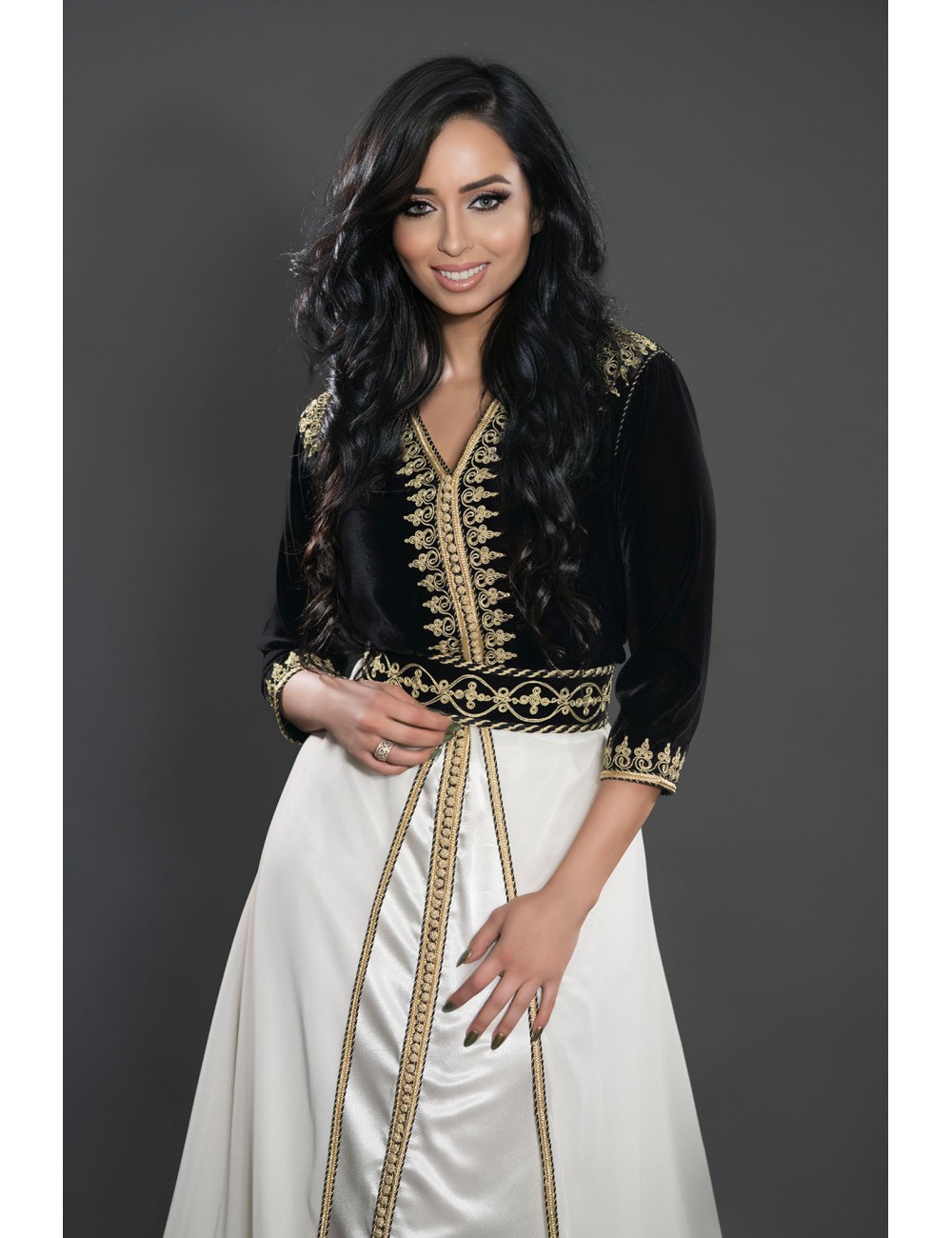 Moroccan dress in black and gold velvet