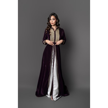 Plum velvet caftan, embroidered with gold. Two-piece Moroccan dress