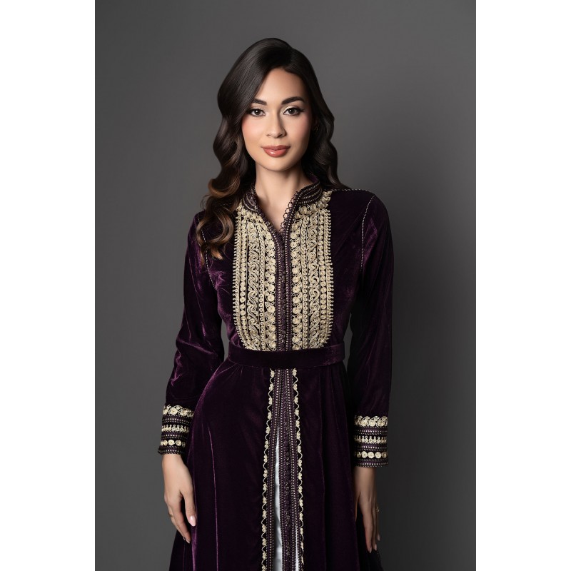 Plum velvet caftan, embroidered with gold. Two-piece Moroccan dress