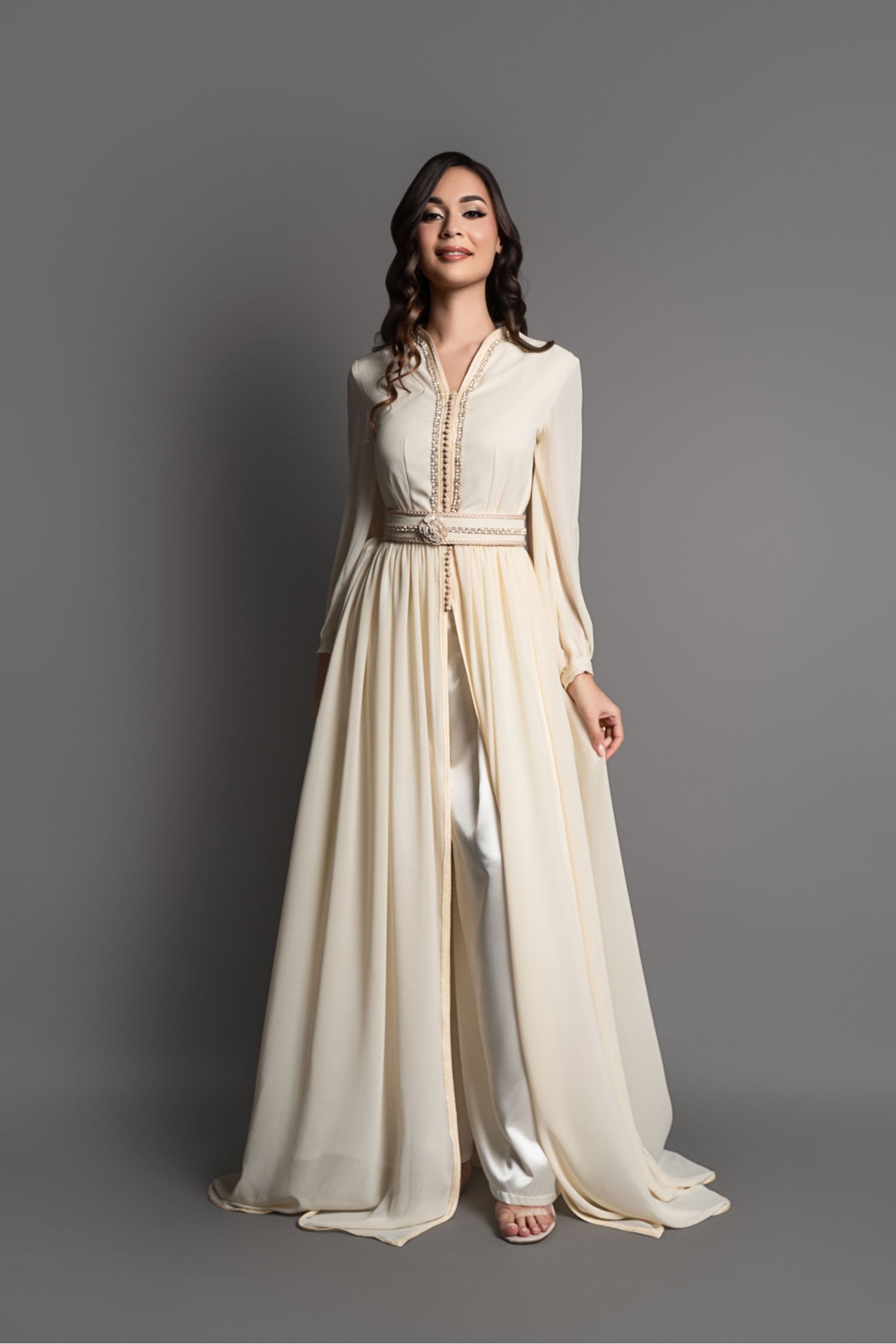 Lou Caftan Ivory Silk Satin Pants and Embroidered Gold Bust