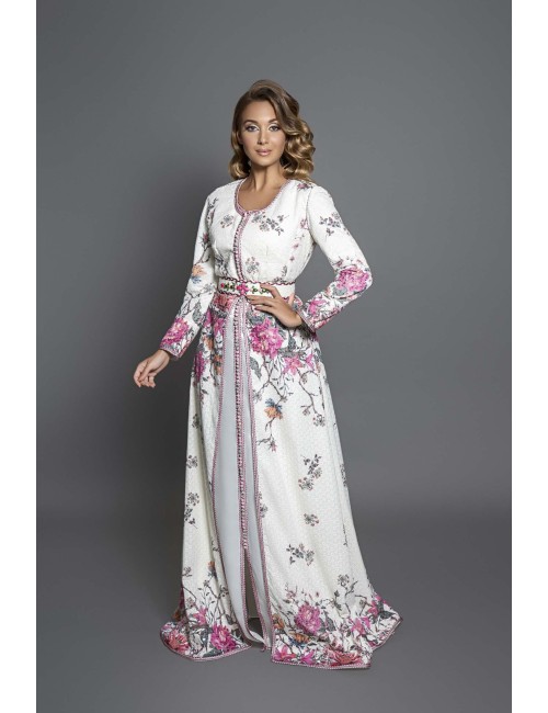Moroccan caftan in flower fabric, takchita flowers, for bride, bohemian ...