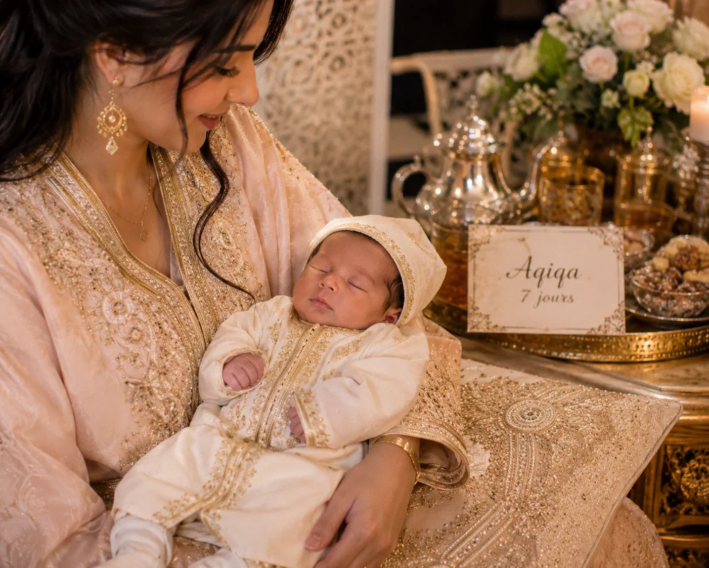 Aqiqa nouveau né de 7 jours habillé en caftan avec sa maman 