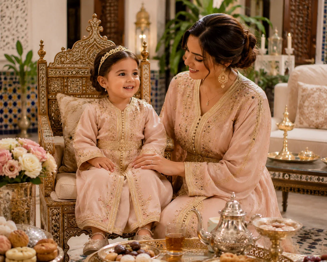 Une petite fille de 3 à 5 ans portant un magnifique caftan nude et or.