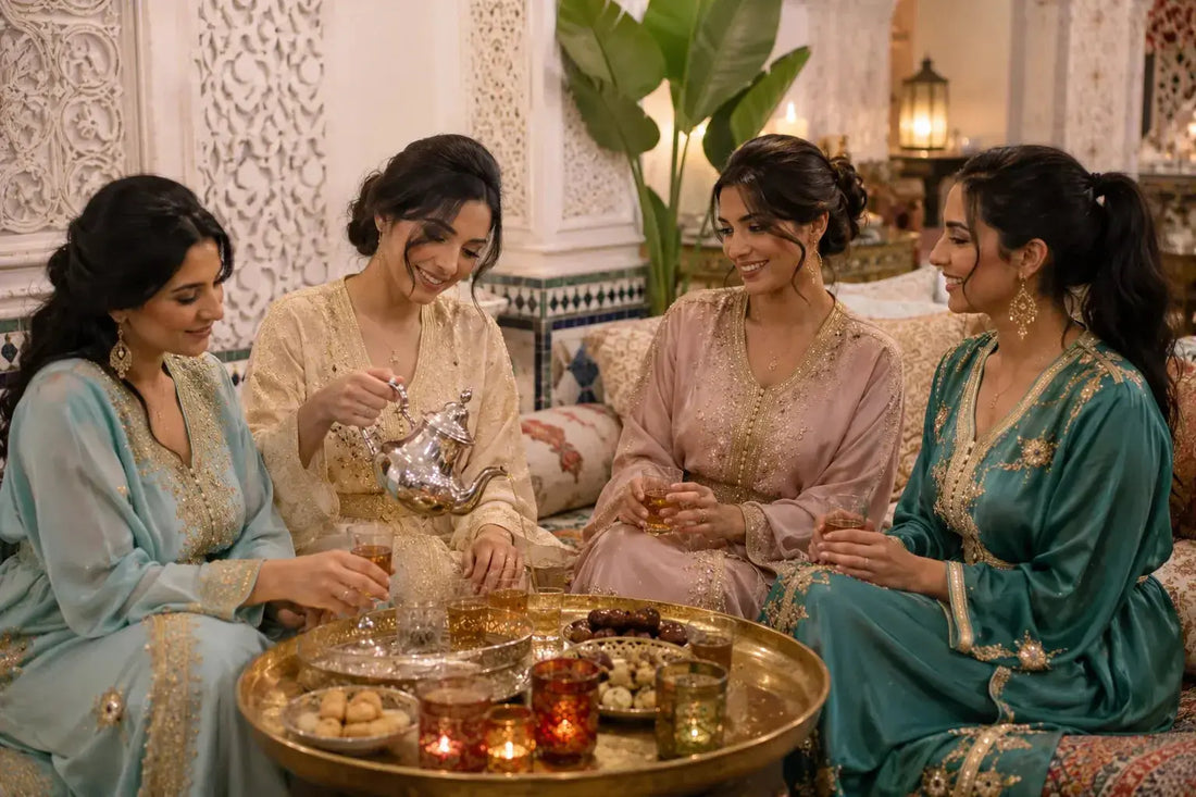 fête marocaine femme en caftan autour d'un thé à la menthe 