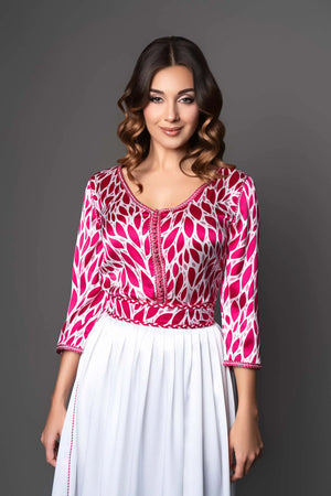 caftano marocchino leggero in raso stampato fucsia e bianco