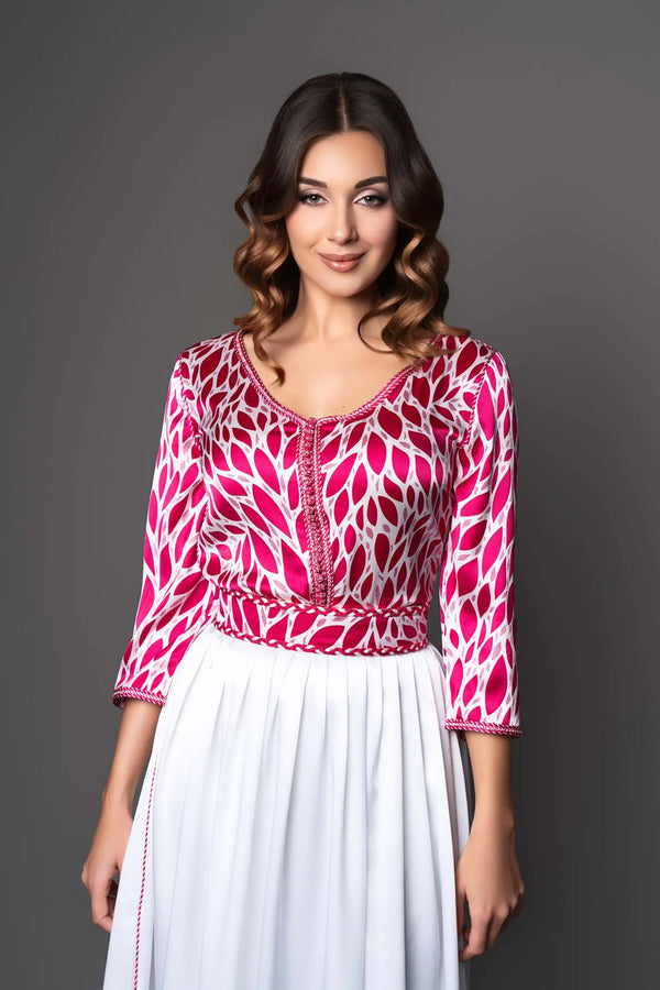 caftano marocchino leggero in raso stampato fucsia e bianco