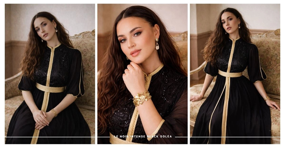Caftan noir en dentelle coupe moderne 