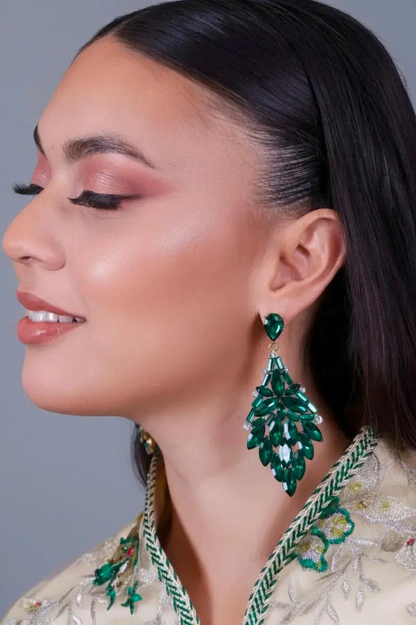 Pendientes grandes en forma de rombo, de color verde esmeralda, modelo para mujer, para bodas