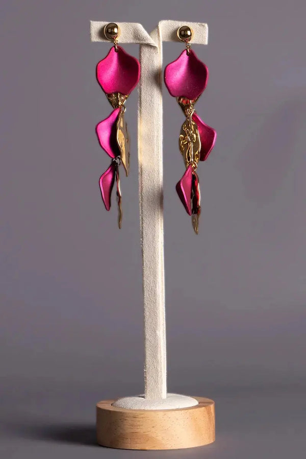 boucles d'oreilles pendantes fushia et or