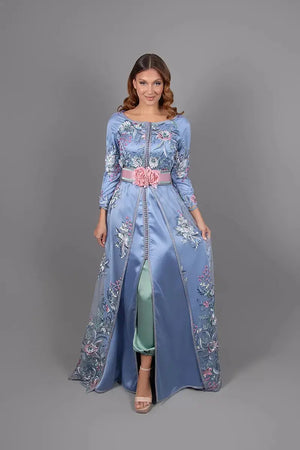 Boat-neck kaftan dress with green harem pants and pink floral belt