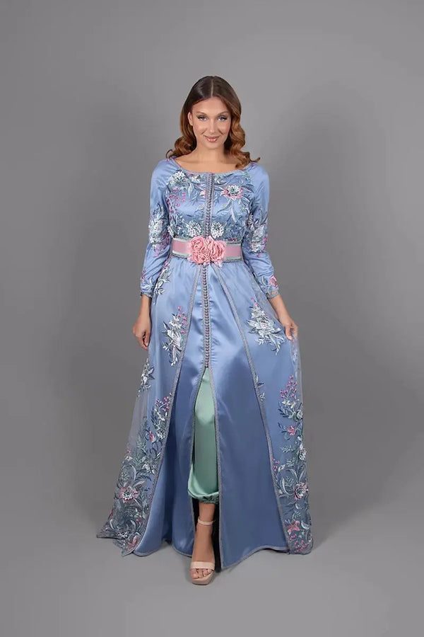 Boat-neck kaftan dress with green harem pants and pink floral belt