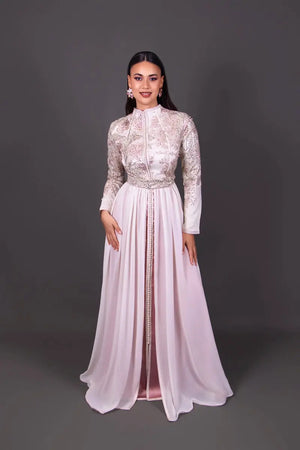 caftan col montant dentelle mousseline écru manches longues 