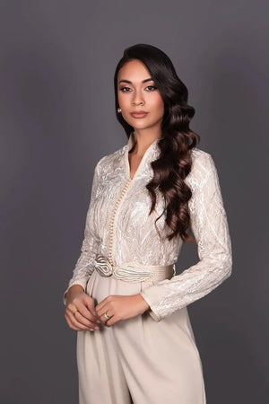 Moroccan kaftan jumpsuit with a beige, hand-embroidered belt