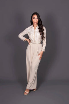 Beige Moroccan kaftan jumpsuit with trousers, overskirt, and Moroccan belt