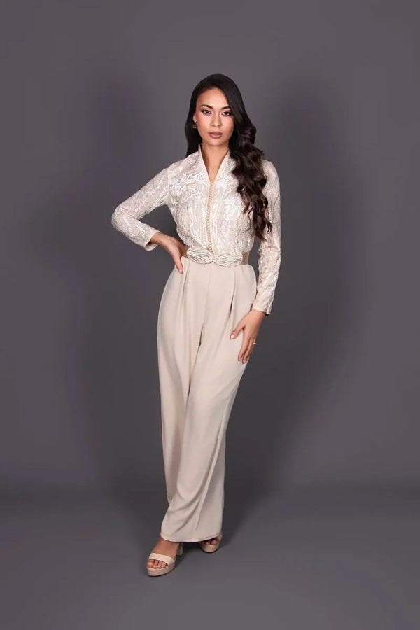 Beige Moroccan kaftan jumpsuit with trousers, overskirt, and Moroccan belt