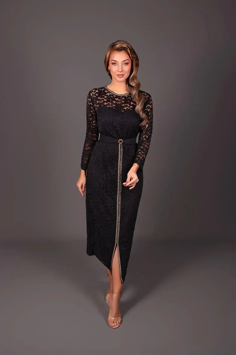 Short black Moroccan kaftan in lace with a boat neckline for an oriental evening, wedding, or family reception