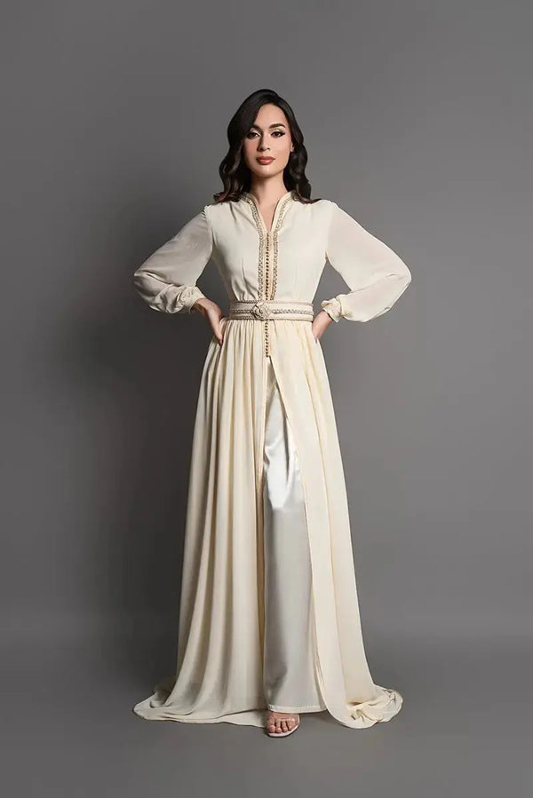 Caftan crème moderne avec manches longues transparentes