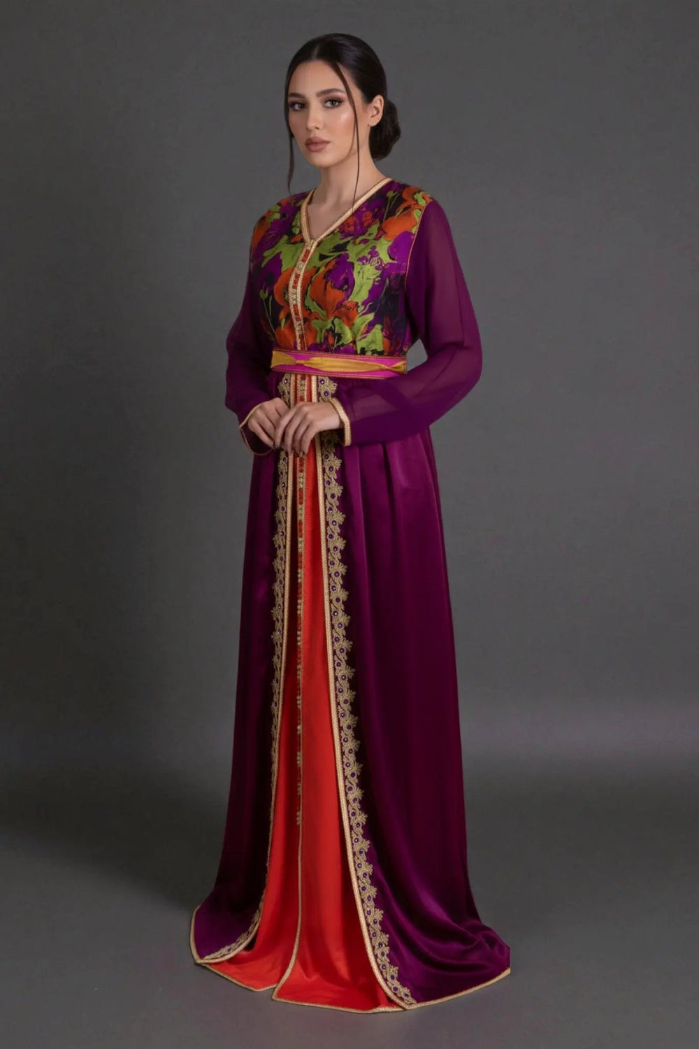 caftan marocain deux pièces violet et orange avec tissu imprimé