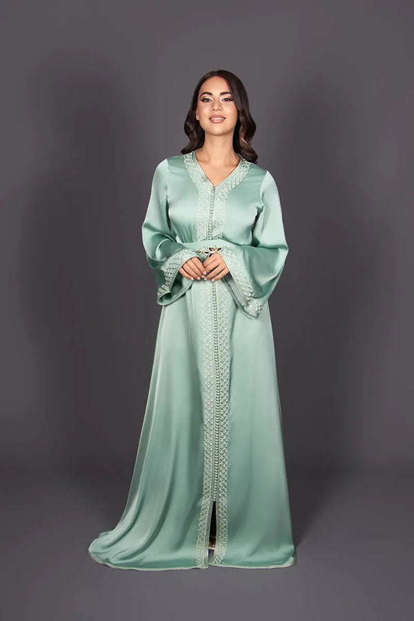 Pastel green embroidered flowing silk caftan with belt