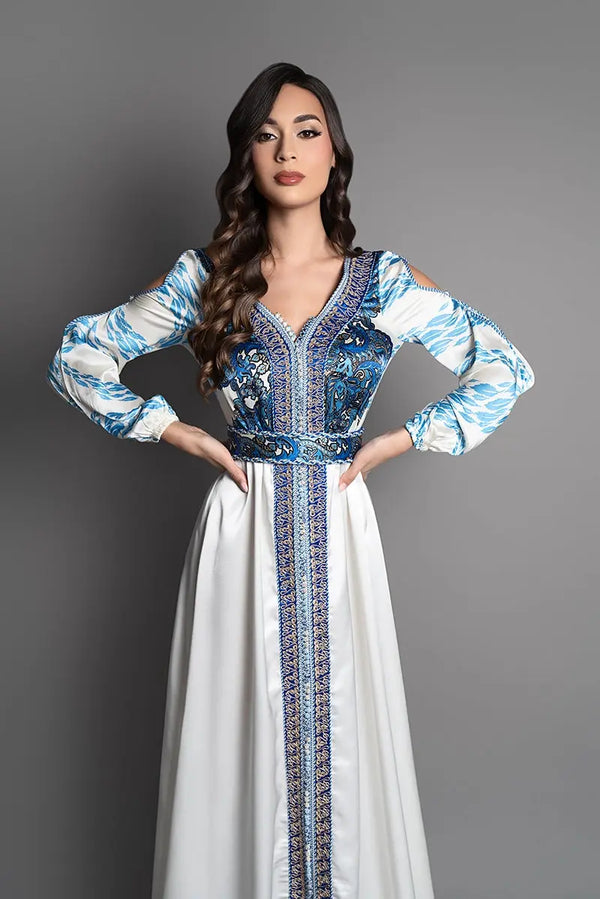 modern kaftan with open sleeves and hand-embroidered bronze detailing