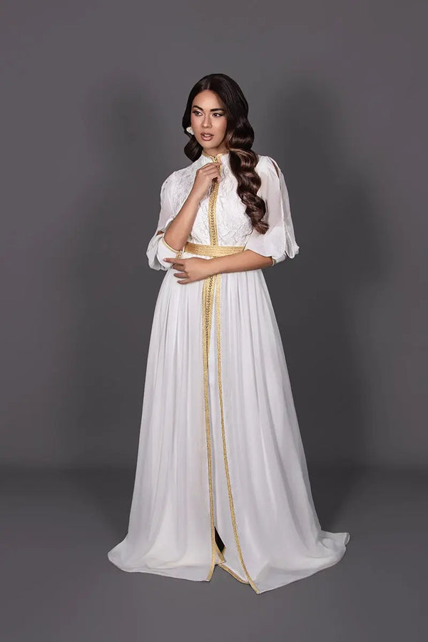 caftán blanco y dorado para mujer, para boda