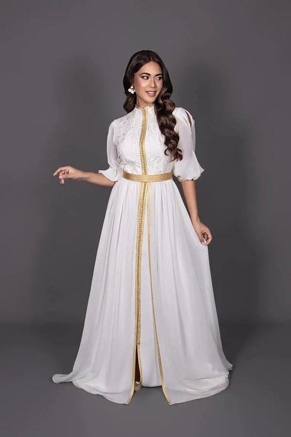 caftán blanco y dorado para mujer, para boda marroquí