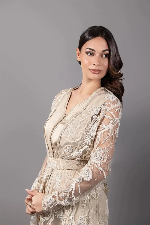 Luxury beige lace women's kaftan with beige silk drape