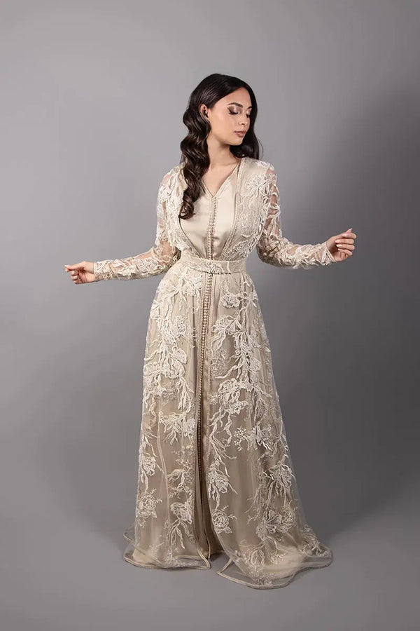 Beige silk drape and beaded lace women's kaftan
