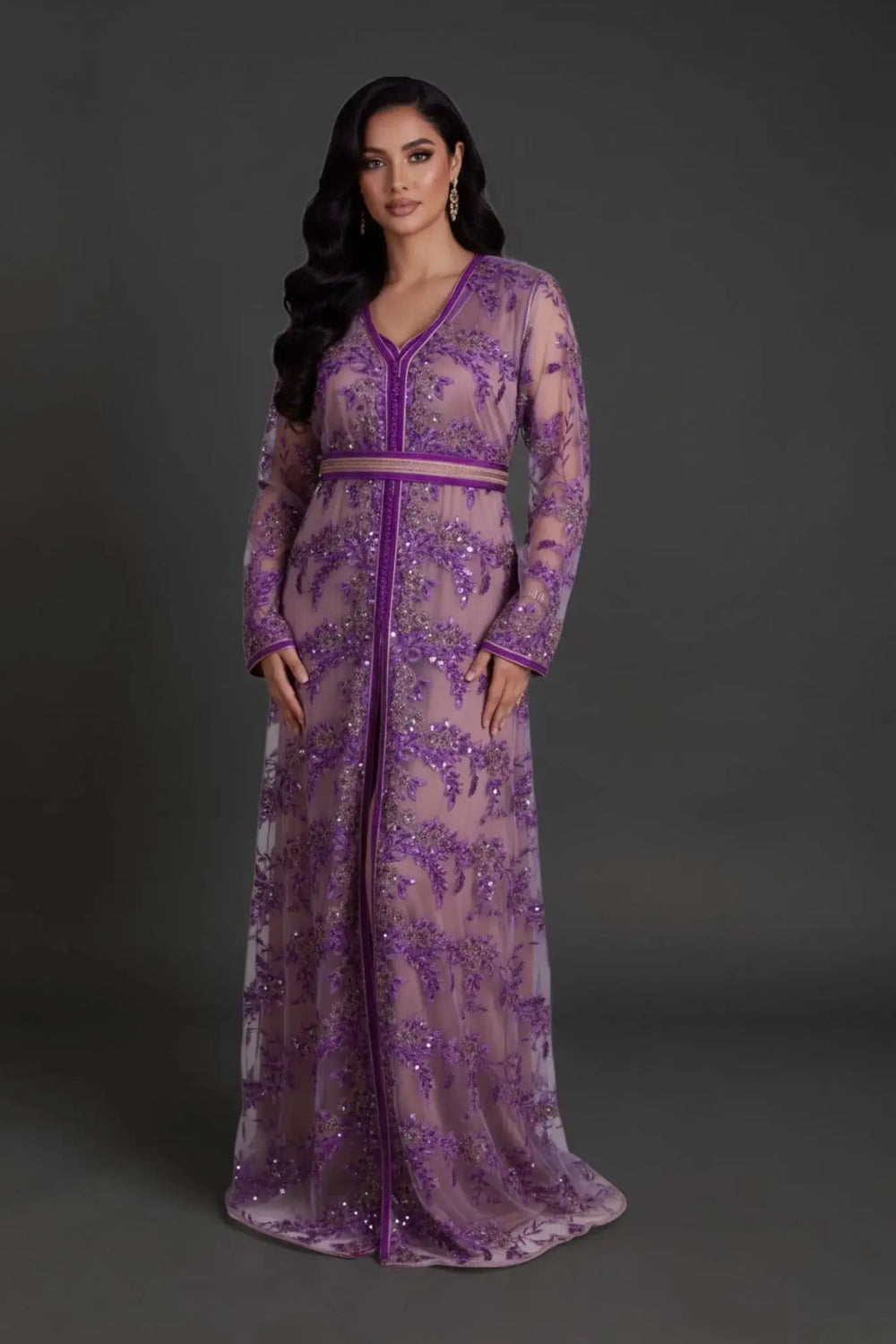 caftan izayane, takchita deux pièces mauve en dentelle mariage marocain 