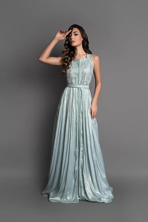 Sleeveless square-neck wedding kaftan with belt