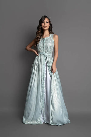 Modern sleeveless wedding kaftan in sea-green lace and lamé