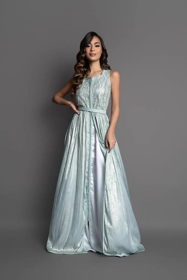 Modern sleeveless wedding kaftan in sea-green lace and lamé
