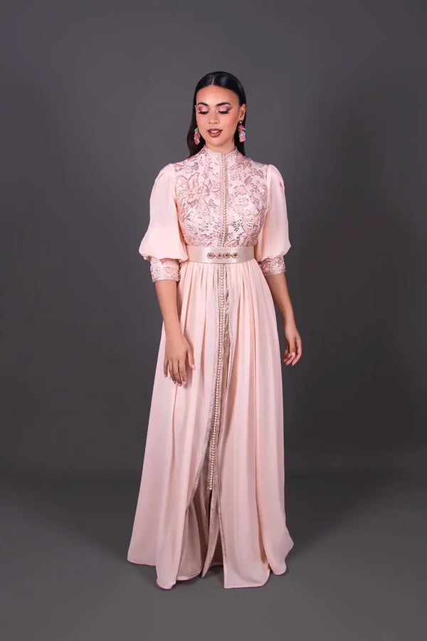 caftan mariage moderne en brocard et mousseline saumon