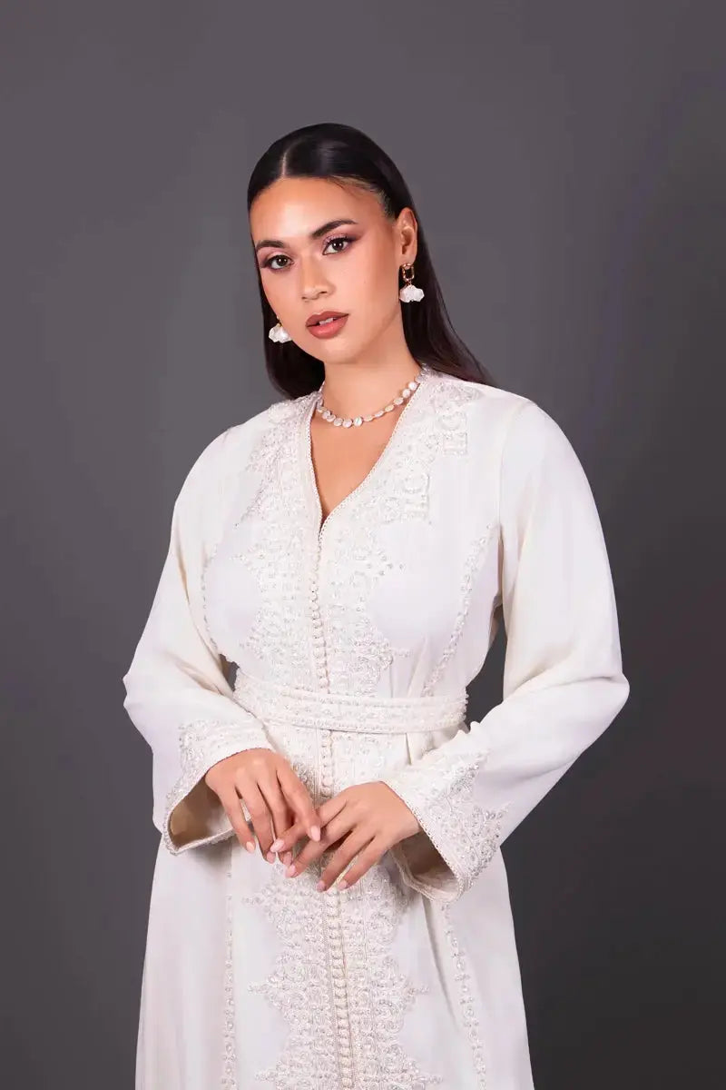 Patricia Moroccan caftan, front view, tone-on-tone embroidery and hand-embroidered beads