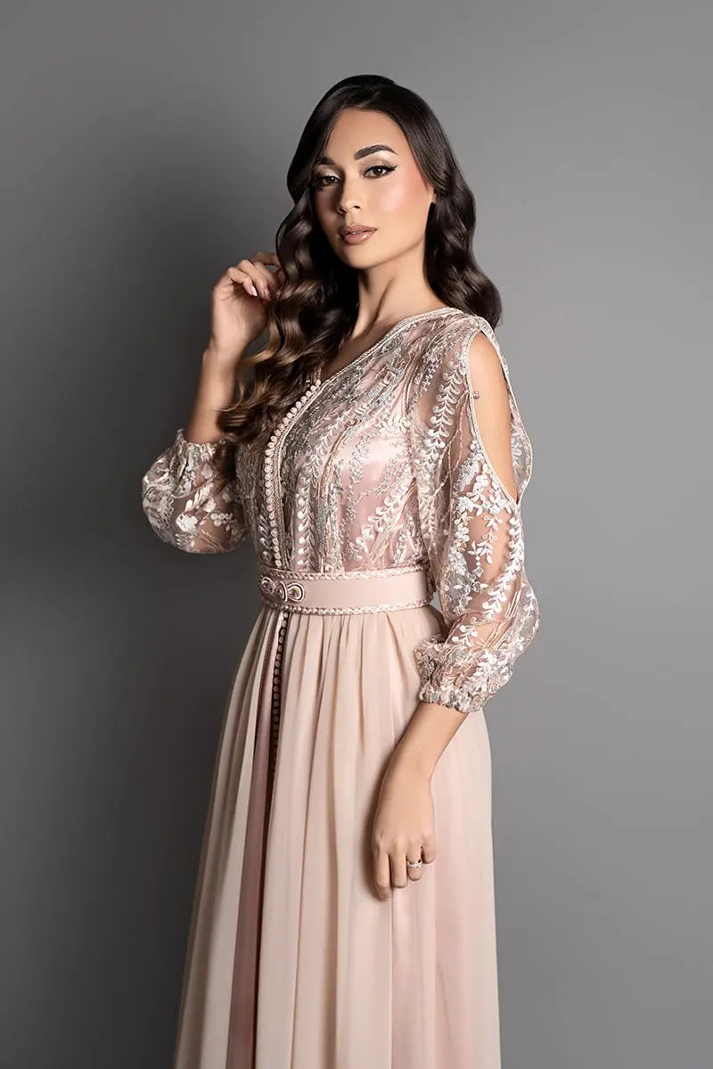 modern and exclusive Moroccan kaftan in salmon pink lace, silk satin, and chiffon