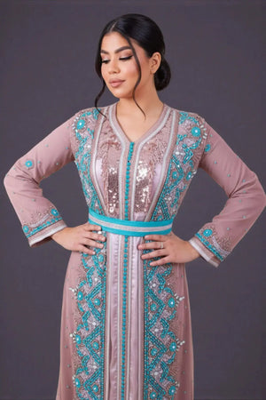 caftan marocain bicolore turquoise et vieux rose pour mariée