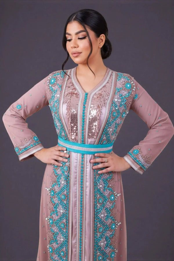 caftan marocain bicolore turquoise et vieux rose pour mariée