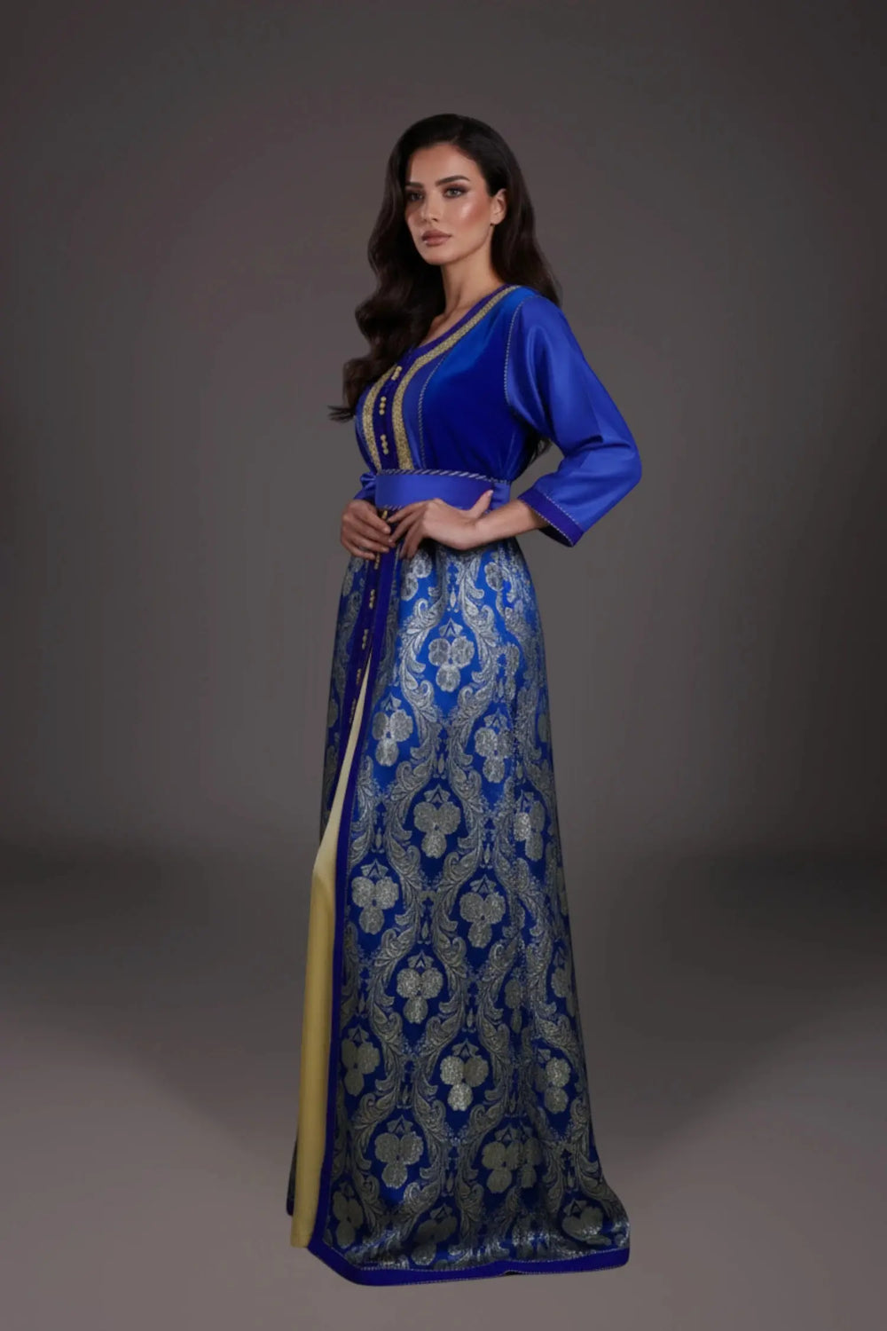 Vintage royal blue brocade kaftan for a Moroccan wedding