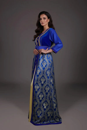 caftan vintage femme en brocard bleu roi pour mariage marocain