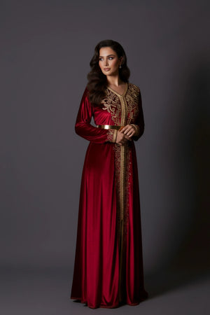 Kaftan marocain en velours rouge bordeau Paytone