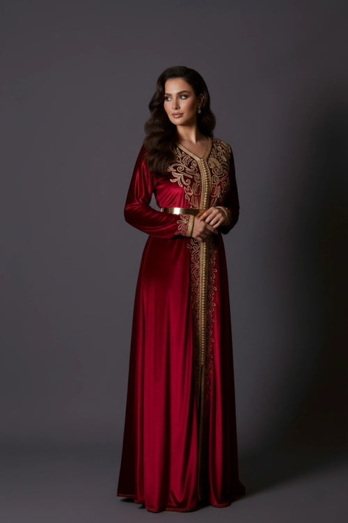 Kaftan marocain en velours rouge bordeau Paytone