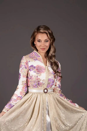 caftan marocain en brocard fleuri mauve, jupe or