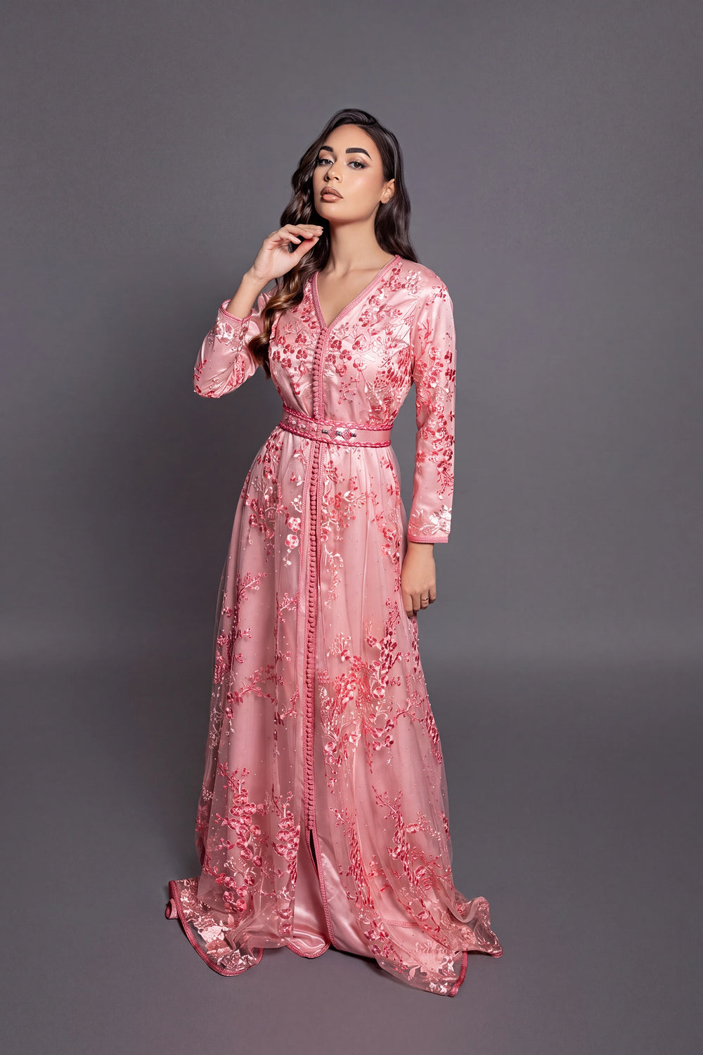 Kaftan marocain femme dentelle perlé couleur sunset orange