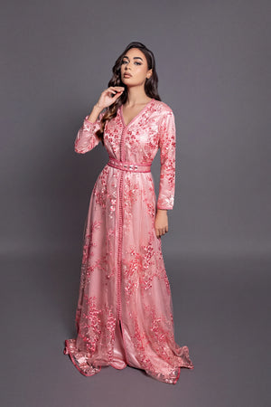 Kaftan marocain femme dentelle perlé couleur sunset orange