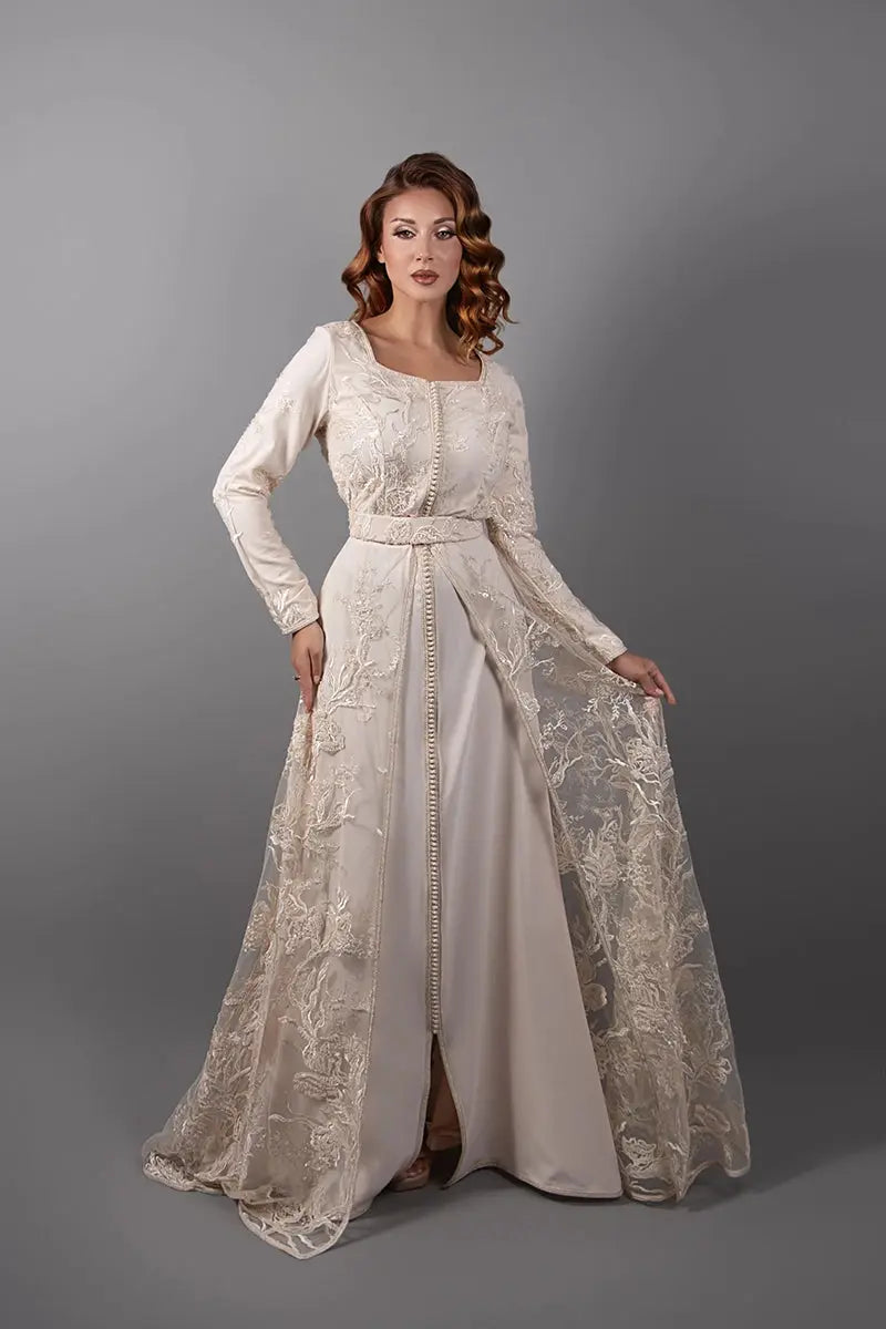 caftan marocain dentelle haute gamme ecru 2026