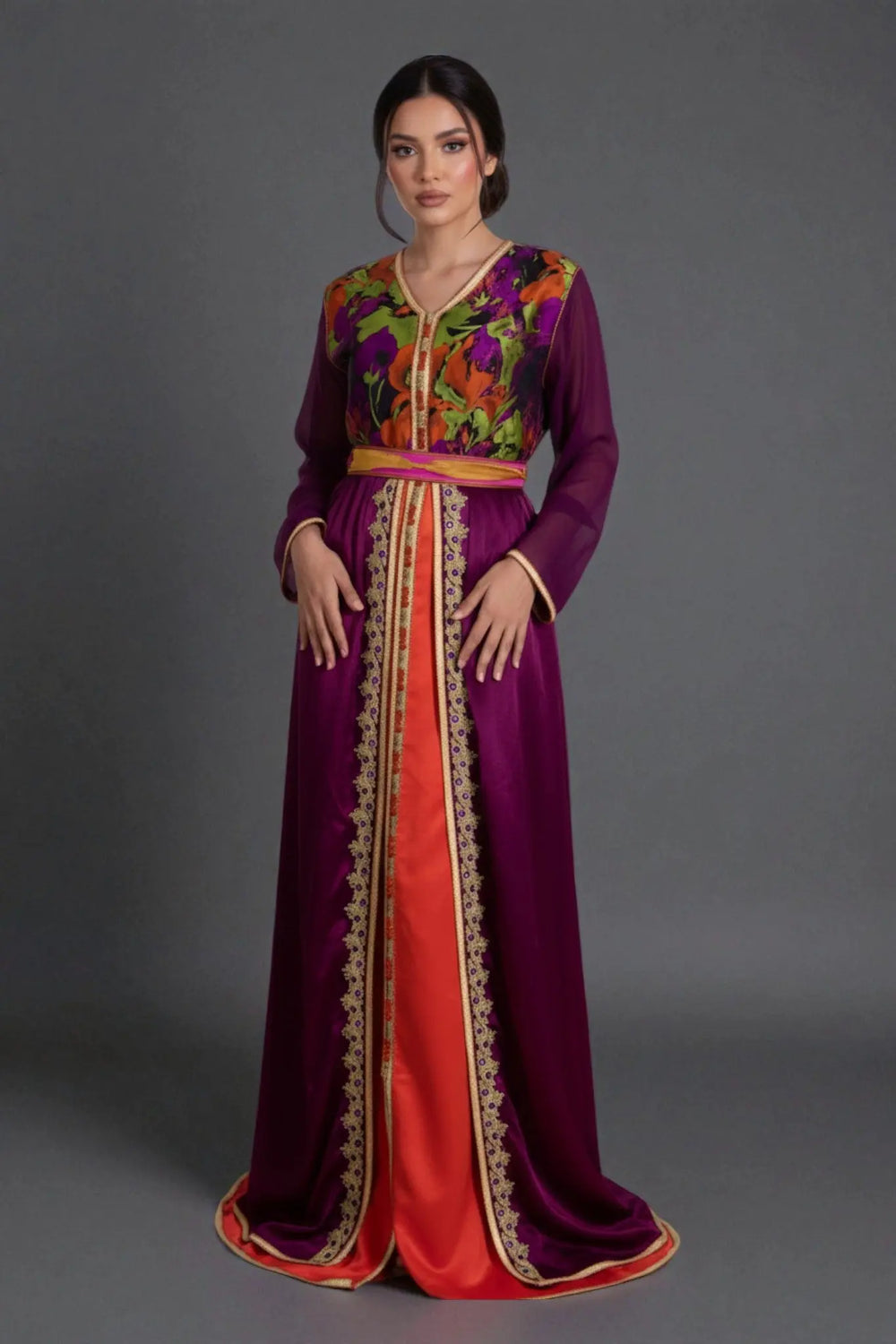 caftan marocain deux pièces violet et orange avec tissu imprimé