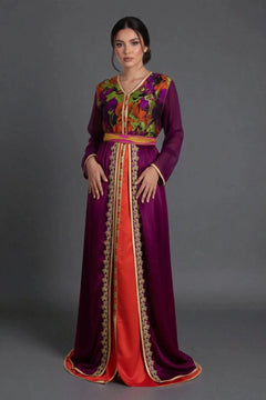 caftan marocain deux pièces violet et orange avec tissu imprimé