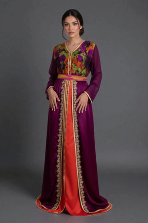 caftan marocain deux pièces violet et orange avec tissu imprimé